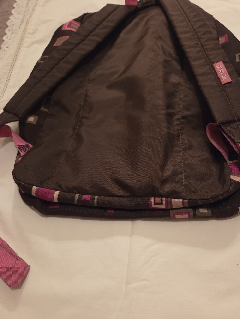 Jansport Black Backpack with Pink and Cream Geometric Squares - Picture 14 of 16